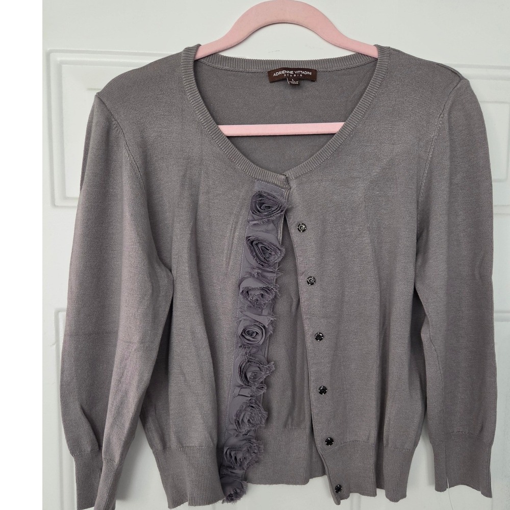 Adrienne Vittadini Studio Grey Rosette Ruffle Cardigan Sweater V-Neck Large